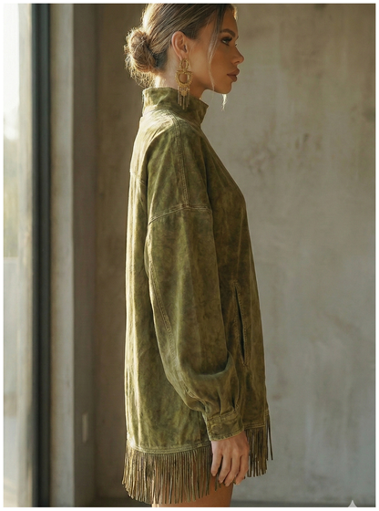 Amalia - Vestido de ante con cuello alto y flecos