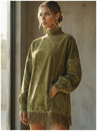 Amalia - Vestido de ante con cuello alto y flecos