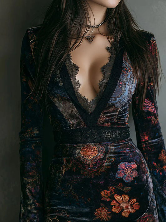 Liora - Mini vestido floral de terciopelo con encaje